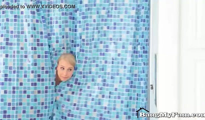 Step mom shows son a good time as he sticks his cock through the shower curtains for her