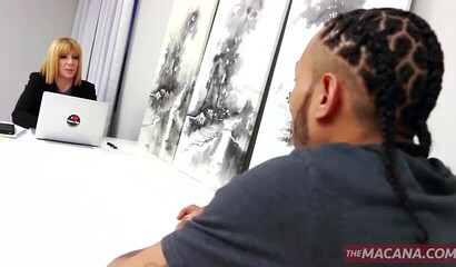 Milf with a hot ass takes a black dick inside her in the office cause she's never had one