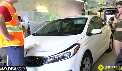 Brunette Samantha Rose shows her tits next thing you know she's slamming on a car