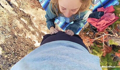 Amateur slut with natural tits gets creampied outdoors