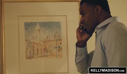 Curvy black haired ebony Kelly Madison sucks her tits while getting dicked