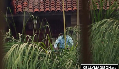 Curvy black haired ebony Kelly Madison sucks her tits while getting dicked