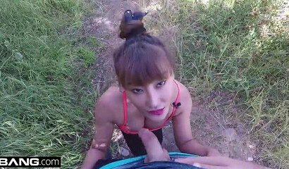 Asian MILF with big tits fucks after a blowjob on hiking