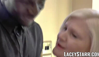 Lustful granny Lacey Starr gives her pussy to black guy behind the house