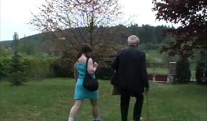 Very old granpa bangs this horny young teen outdoors