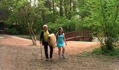 Very old granpa bangs this horny young teen outdoors