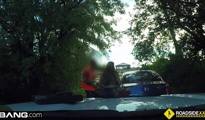 Brunette chick with big ass taking dick on the ground behind the car