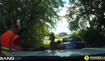 Brunette chick with big ass taking dick on the ground behind the car