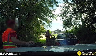 Brunette chick with big ass taking dick on the ground behind the car