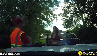 Brunette chick with big ass taking dick on the ground behind the car