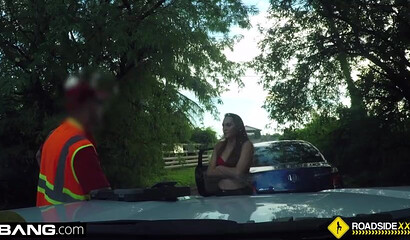 Brunette chick with big ass taking dick on the ground behind the car