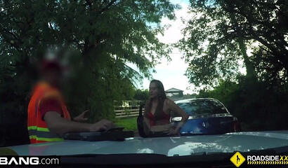 Brunette chick with big ass taking dick on the ground behind the car