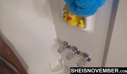 Blonde ebony with big tits showers and pees