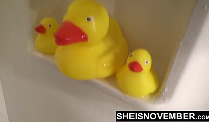 Blonde ebony with big tits showers and pees