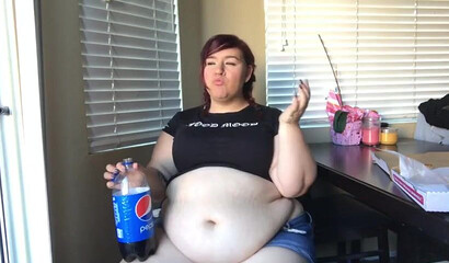 Nasty BBW with big tits drinks and eats