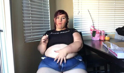 Nasty BBW with big tits drinks and eats