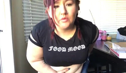 Nasty BBW with big tits drinks and eats