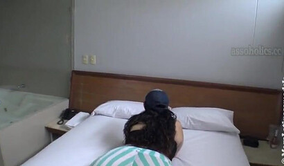 Brunette slut parades her fat bottom before a large shaft enters her wet snatch balls deep