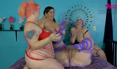 Four lesbians with massive booties have a group sex session fingering their wet pussies