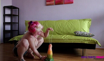 Chubby whore shoves her large ass and sodomizes herself with giant dildo on the floor