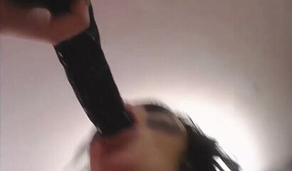 Phat ass amateur shows enormous tits and inserts large black dildo into her meat hole