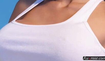 Stunning brunette pulls her shift off and reveals huge tits that go well with her ass