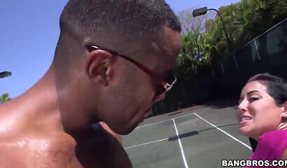 Sweet bubble butt beauty with huge boobies bangs her tennis coach after he loses a game