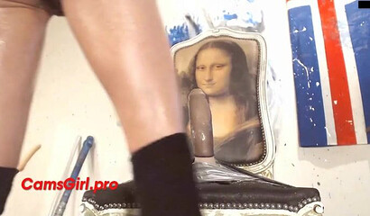 Slender bitch jumps on one of the biggest dildos that you'll ever see strapped on a chair