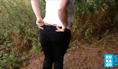 Sultry blonde fat ass babe stripping her clothes off in the park and touching her titties