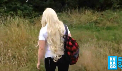 Sultry blonde fat ass babe stripping her clothes off in the park and touching her titties