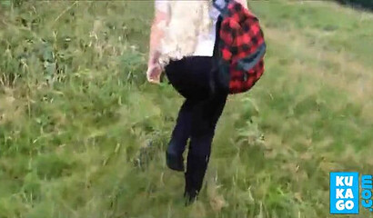 Sultry blonde fat ass babe stripping her clothes off in the park and touching her titties