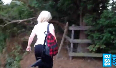 Sultry blonde fat ass babe stripping her clothes off in the park and touching her titties