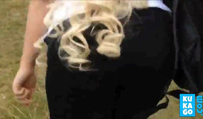 Sultry blonde fat ass babe stripping her clothes off in the park and touching her titties