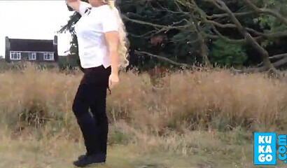 Sultry blonde fat ass babe stripping her clothes off in the park and touching her titties