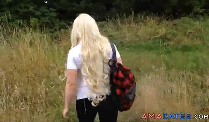 Young blonde big ass cutie getting naked in the forest so she can play with her vagina
