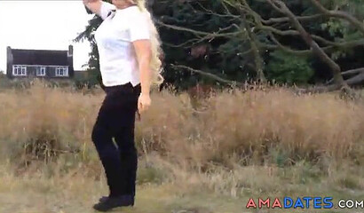 Young blonde big ass cutie getting naked in the forest so she can play with her vagina