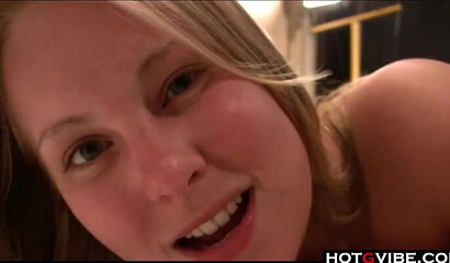 Chubby blonde strips down and show her massive bottom before playing with her dripping pussy