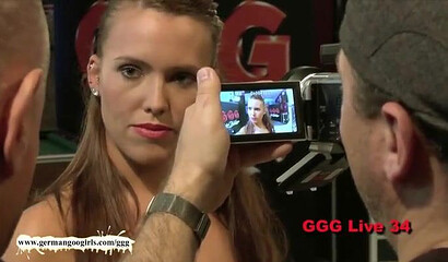 Curvy German brunette with big ass is ready to take on a bunch of guys in a huge bukkake show