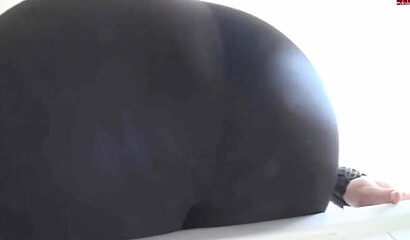 Lustful babe with big round booty stuffing her juicy vagina with a gigantic black dildo