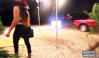Big butt ebony chick sucking stiff black dick instead of paying for the Christmas tree