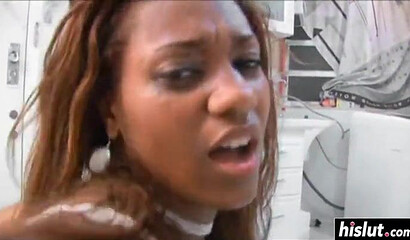 Curvy ebony babe with large ass lets her boyfriend destroy her pussy on the kitchen floor