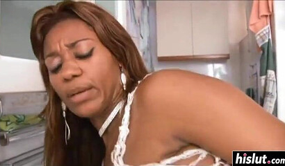 Curvy ebony babe with large ass lets her boyfriend destroy her pussy on the kitchen floor