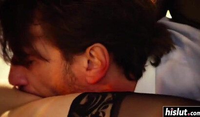 Horny brunette in black stockings parades her fat ass before her snatch is fucked balls deep