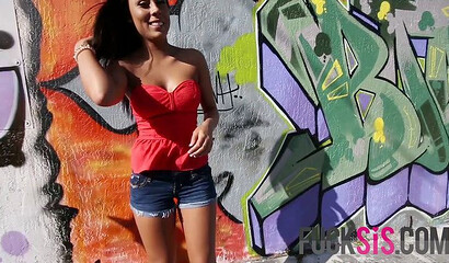 Adorable babe flashing her ass in the street before sucking dick and fucking doggystyle