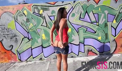 Adorable babe flashing her ass in the street before sucking dick and fucking doggystyle