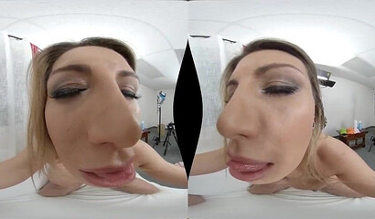 Busty blonde mom rides cock in VR POV