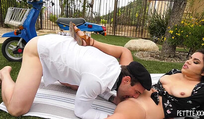 Curvy brunette Monica Sage rides cock in the backyard