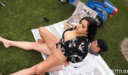Curvy brunette Monica Sage rides cock in the backyard