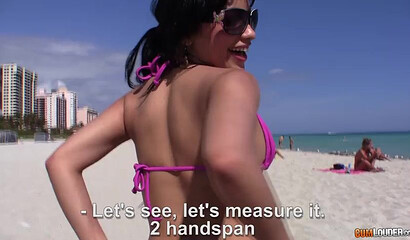 Brunette babe with big tits Abella Anderson picked up from the beach and fucked