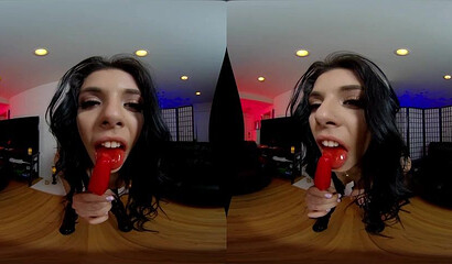 VR solo action with kinky brunette slut